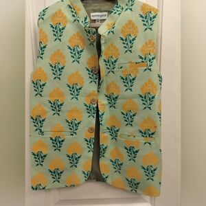 Hummingbird Light Green Kids Waistcoat/Vest with Yellow Floral Print
